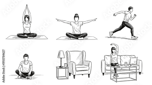 Collage of sketched human figures and furniture seen from an overhead perspective