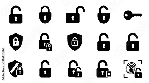 Security Lock Key and Biometric Protection System Vector Icons Collection