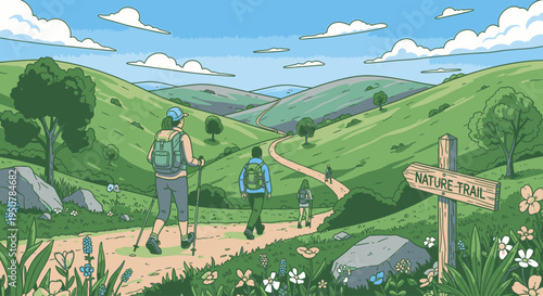 Illustration of a family hiking on a nature trail through rolling green hills with wildflowers and trees under a blue sky with clouds.