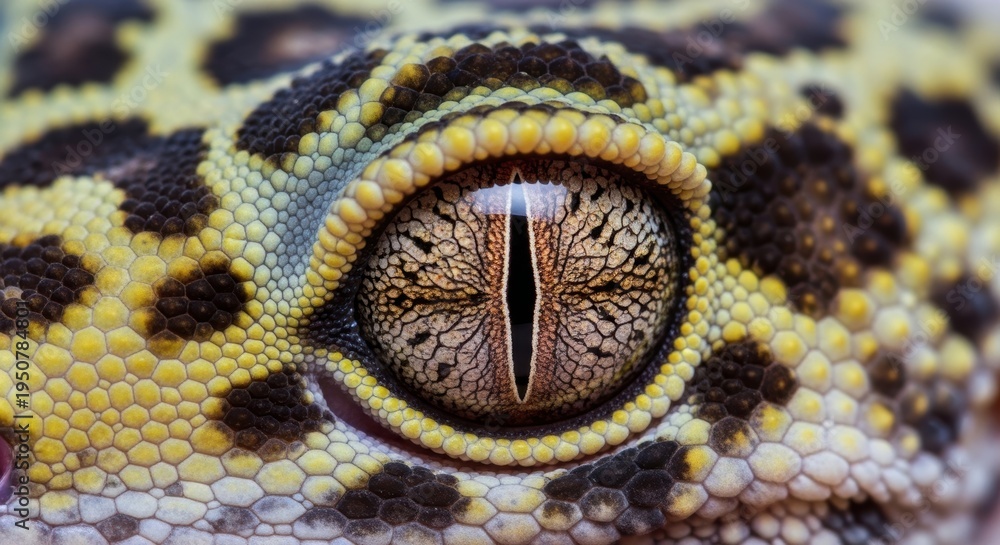 Fototapeta premium Macro close up of a leopard gecko eye, Eublepharis macularius, exotic reptile