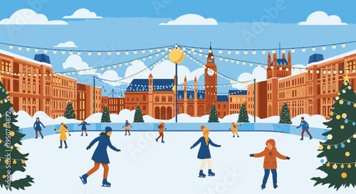 Illustration of people ice skating on a frozen pond in a city square with Christmas trees and festive lights against a backdrop of historic buildings under a blue sky with clouds.