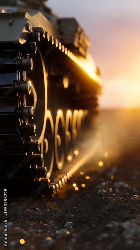 Obraz premium Military tank moving on dusty terrain at sunset representing power, defense and armed forces.