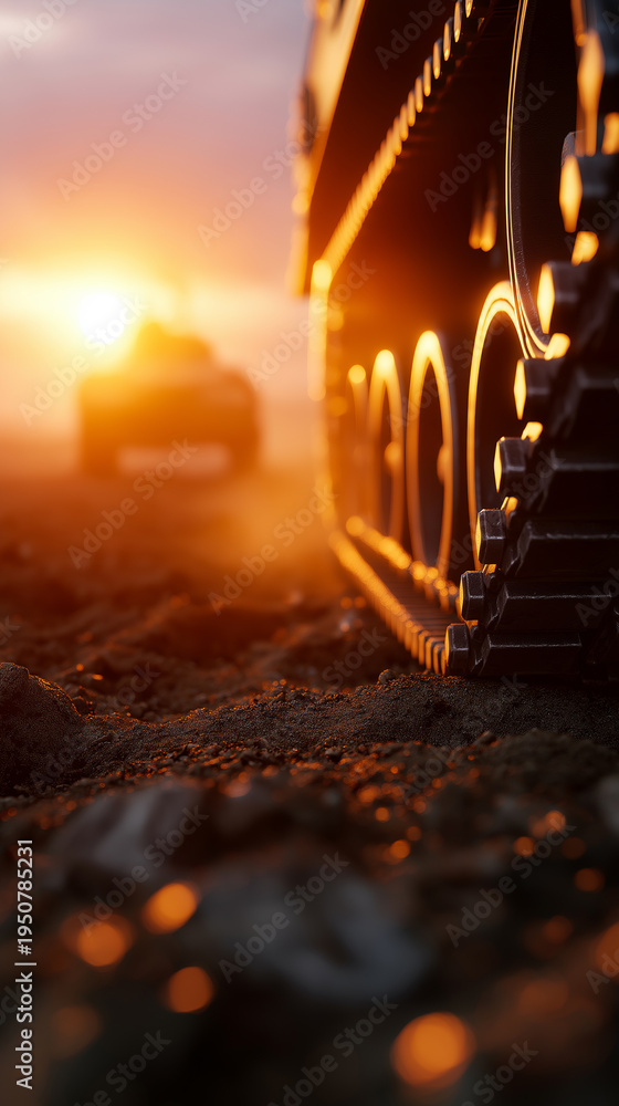 Naklejka premium Military tank moving on dusty terrain at sunset representing power, defense and armed forces.