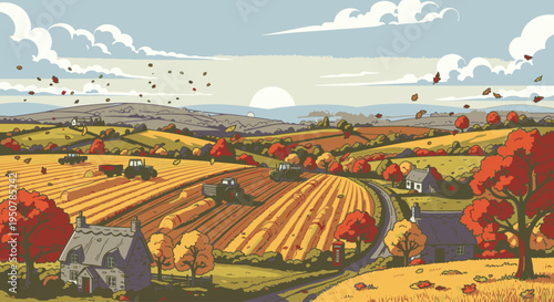 Illustration of a serene rural landscape with rolling hills, trees, and a farmhouse under a partly cloudy sky with a winding road.