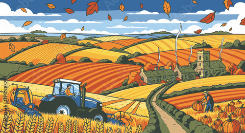 Vibrant landscape of a tractor harvesting crops in a colorful, patchwork field with scattered leaves and a winding road on a partly cloudy day.