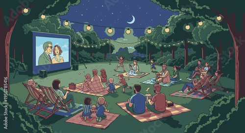 A group of people sitting on mats and lawn chairs watching a movie on a large screen in a serene outdoor setting with string lights and a nighttime sky.