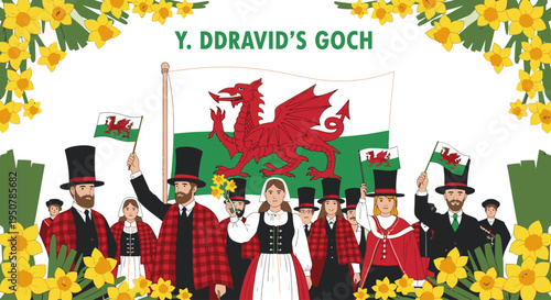 Illustration of a group of people in traditional Welsh costumes celebrating with flags and flowers on a white background with a red dragon.
