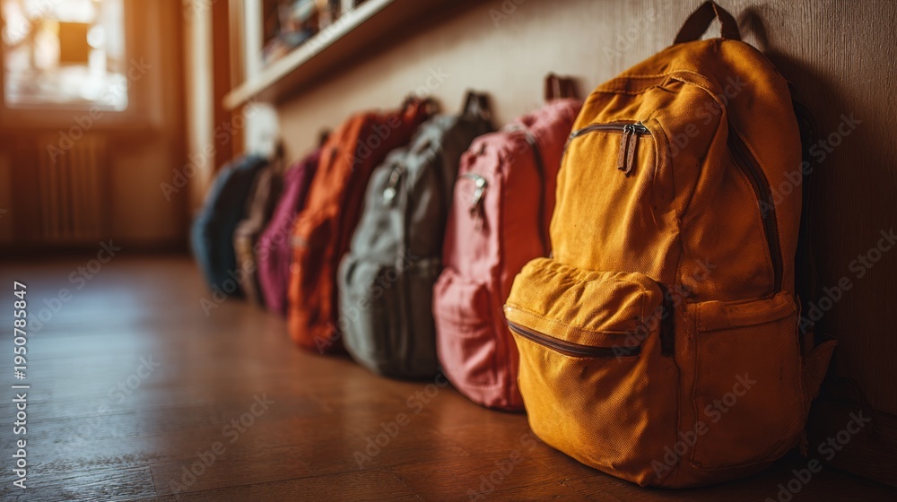 Obraz premium School backpacks arranged on wooden floor in classroom with warm light