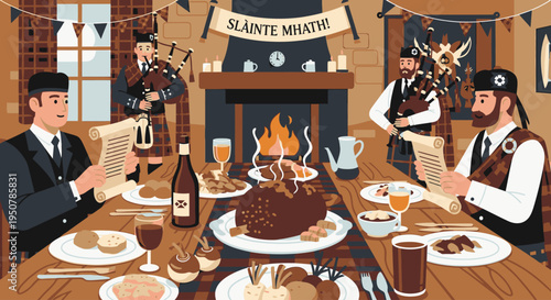 Illustration of men in traditional Scottish attire enjoying a festive meal with wine and beer in a rustic setting with a fireplace.