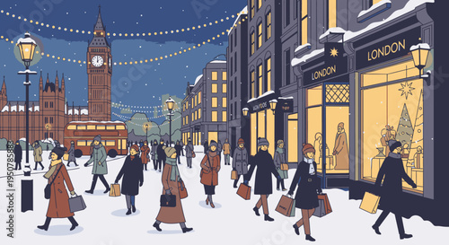 Illustration of people walking on a snowy London street at night with festive lights and a clock tower in the background.