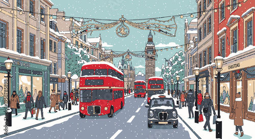 Illustration of a snowy London street with red double-decker buses and a vintage car driving down the road with people walking on the sidewalk in a festive atmosphere.