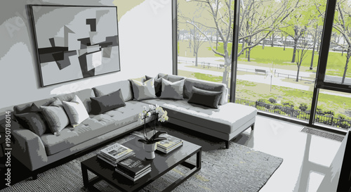 High-angle view of a modern living room with a gray sectional sofa, coffee table, and abstract art on the wall, overlooking a park through floor-to-ceiling windows with a minimalist