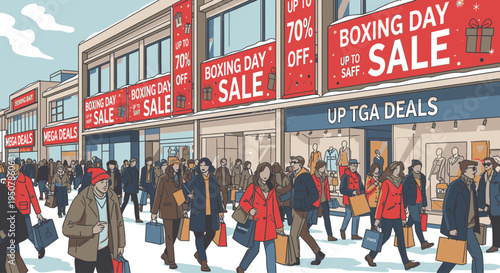 Crowd of people shopping on a busy street with large sale signs and banners on storefronts in a winter setting with a commercial mood.