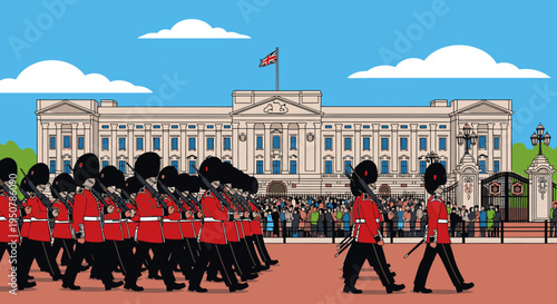 Illustration of British guards marching in red uniforms with black bearskin hats in front of a large white building with a blue sky and white clouds.