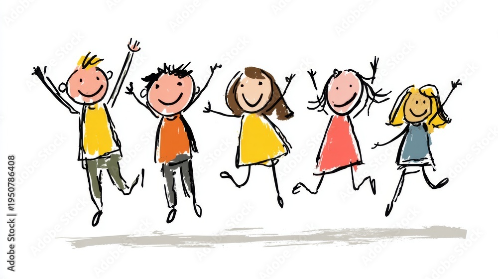 Fototapeta premium Children jump and smile together in a colorful doodle style during a fun school activity on a bright day