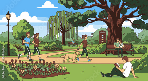 A serene park scene with people walking, sitting, and relaxing in a lush green environment with vibrant flowers and trees under a blue sky with white clouds.