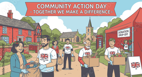 Illustration of diverse group of people volunteering and collecting donations on a community action day in a quaint town with historic buildings and lush greenery under a blue sky.