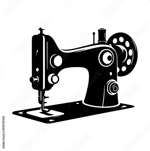 Classic antique sewing machine icon, side view with needle and wheel, bold black silhouette, simple flat vector illustration, clean white background.