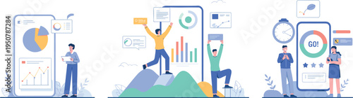 WebBusiness people analyzing data on mobile screens, financial growth and success concept, team working with charts and graphs, flat vector