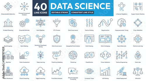 Data Science Icon Set, 40 Editable Stroke Line Icons for Data Science, Machine Learning, AI, Consistent Line Style