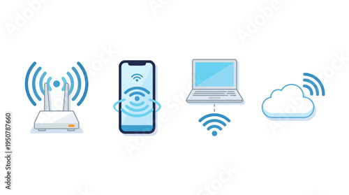 Isometric vector infographic set of advanced network connectivity concepts including a router, smartphone, laptop, and cloud