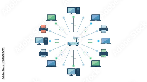 Minimalist flat vector illustration of an open network connecting multiple devices to a central router