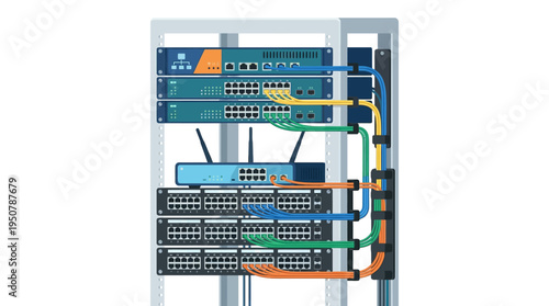 Server rack with network equipment and cables, a visual representation of data connectivity and digital infrastructure