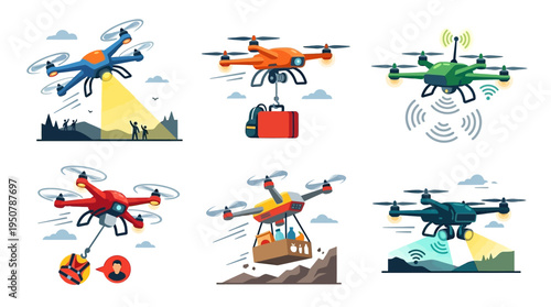 Modern Flat Vector Icon Set Illustrating Diverse Drone Applications and Technologies
