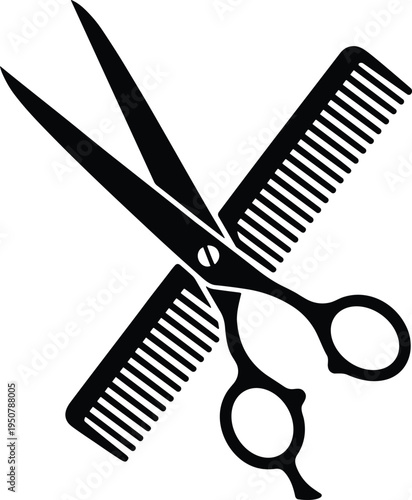 WebHairdresser tools icon, barber scissors and comb silhouette, hairstyling equipment symbol, salon haircut concept, grooming accessory illustration isolated design