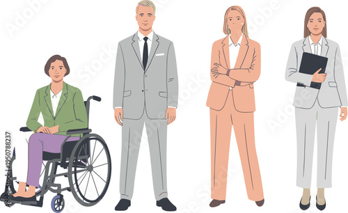 WebVector illustration of diverse business professionals, inclusive workplace design, corporate attire, teamwork collaboration, disability representation, office diversity, professional motif