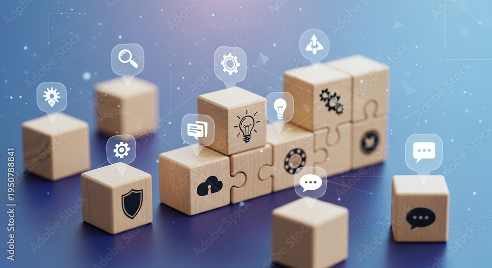Fototapeta premium Wooden blocks with technology icons symbolizing innovation and collaboration