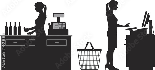 Silhouettes of Women at Cash Registers with Shopping Basket