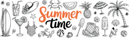 Hand Drawn Summer Vacation Icons and Text beach travel