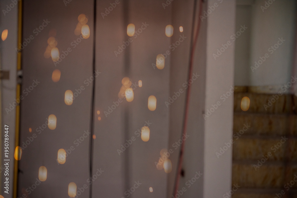 Obraz premium Background light bulb blurry background interior design bar table chair windows with copy space. Blurred background cafe coffee shop restaurant in shopping mall with light bokeh business event