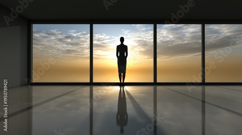 Contemplative Silhouette at Dawn: A solitary figure stands before a vast window, contemplating the dawning sky, embodying introspection and hope. 