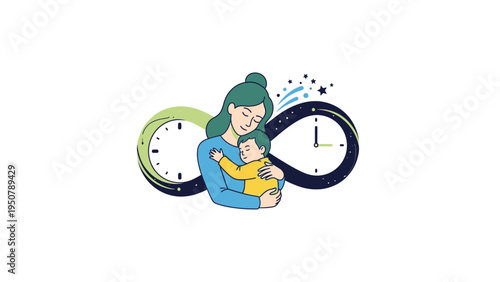 Woman Hugging Yellow Baby Near Clocks.