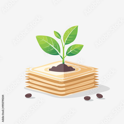 Plant growing from a stack of food with coffee beans.