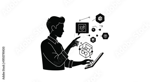 man using tablet with digital icons and graphs floating around