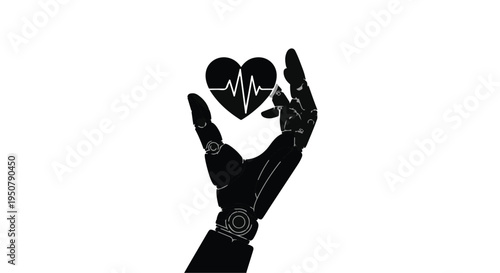 robotic hand holding heart with ecg line