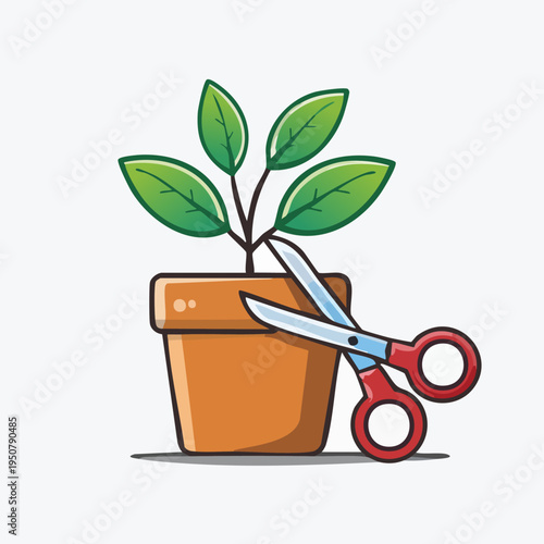 Plant Pruning Illustration - Scissors Trimming a Potted Plant.