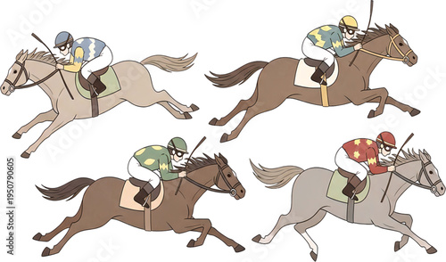 Illustration of four horses and jockeys competing in a horse race