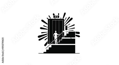 black and white illustration of man walking up stairs to doorway with crown