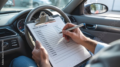 Man sitting inside a modern car, filling out a checklist on clipboard. Concept of vehicle inspection, car maintenance, insurance documentation, and transportation safety in a professional setting.