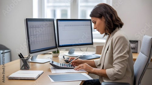 Professional businesswoman working at desk with dual monitors, analyzing financial data and using calculator. Modern office setting, focused productivity, accounting, finance, and corporate workflow c