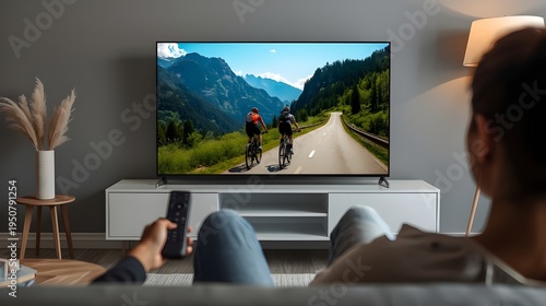 Person relaxing on a sofa watching a large TV displaying scenic cycling footage in a modern living room. Cozy home interior with remote control, showcasing entertainment, leisure, and lifestyle comfor