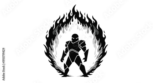 Black silhouette of a strong man surrounded by flames