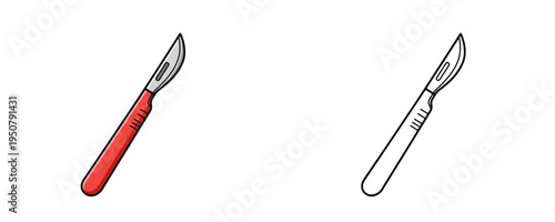 Medical scalpel in flat color and linear style red and silver colors surgical instrument for professional hospital use or healthcare concepts on white background