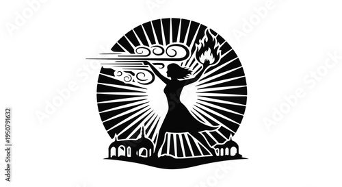 woman silhouette with sunburst and swirling clouds illustration