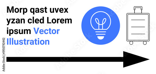 Innovation, travel, direction, business ideas, creativity, design concepts. Blue lightbulb, suitcase icon black arrow pointing right. Innovation and travel through minimalistic symbols