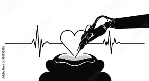 Robot arm drawing heart on circuit board with ecg line